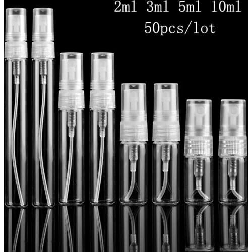 50pcs/lot 2ml 3ml 5ml 10ml Transparent portable spray bottle Perfume Glass Bottles Vials Refillable Perfume Atomizer Travel Acce