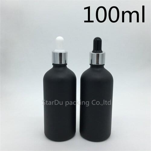 Free shipping 200pcs 100ml black frosted glass essential oil bottle with shiny silver ring dropper glass perfume bottle