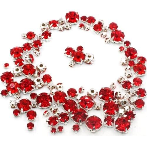 Free shipping Hot sale strass 100pcs/pack Mixed size Red glass crystal sliver base sew on rhinestones diy clothing accessories