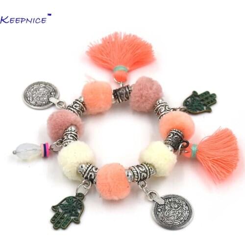 Bohemia Sea Beach Friendship Bracelet Boho Tassel Charm Bracelet Beads Beaded Bangle Hamsa Hands Ball Charm Bracelets