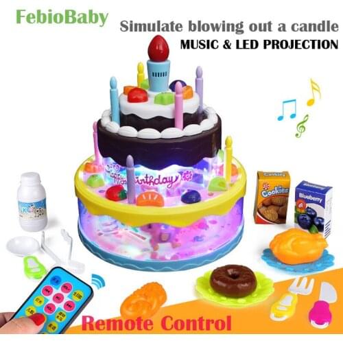 Baby Gift Creative Music & LED Projection whirligig Emulational Blow out candles 3 layers Birthday Cake Toys with Remote Control