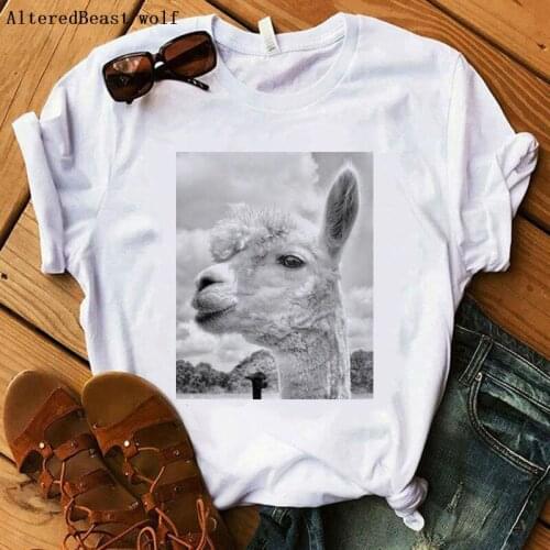 Llama T-Shirts harajuku funny Llama t shirt femme print Tops women o-neck llama tshirt white clothes short sleeve Lady t-shirt