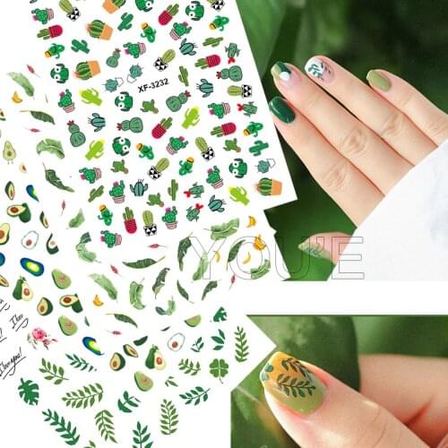 3D Cute Nail Art Stickers Green Cactus Sticker for Nails Art Decals Adhesive Summer Leaves Manicure for Nails Design Decoration