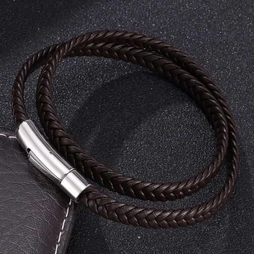 Trendy Charm Bracelets Stainless Steel Spring Buckle Men Braided Brown Leather Bracelets for Women Wrist Band Gifts ST741