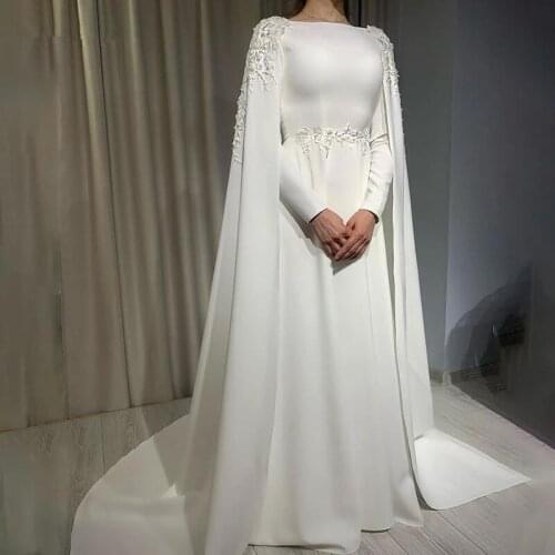 Vestido De Novia Muslim Wedding Dress With Cape A Line Long Sleeves Scoop Neck Bride Dress Lace Appliques Arabic gelinlik