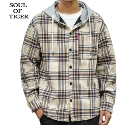 SOUL OF TIGER New 2019 British Style Mens Vintage Plaid Shirts Male Fur Hooded Tops Winter Thick Warm Clothes Plus Size XXXXXL