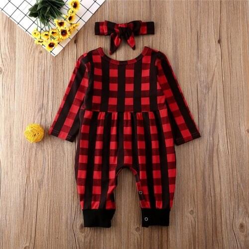 New 0-24M Baby Girls Xmas Rompers Newborn Clothes Girl Plaids Romper Kid Christmas Jumpsuit Kids Overall Todder Headband Outfit