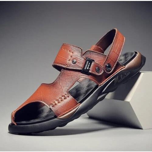 Mens Summer Sandals Open Toe ReaL Leather Hollow Casual Flat Sandals Fashion Soft Soled Antiskid Beach Shoes And Slippers