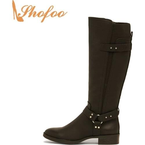 Black Knee-High Riding Boots Chunky Heels Women Almond Toe Zip Large Size 13 16 Ladies Winter Fashion Rivet Mature Shoes Shofoo
