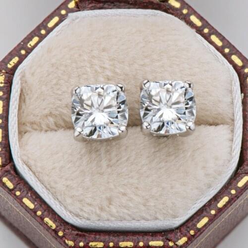 Silver 925 Original Brilliant Cut Diamond Test Past 1 ct Total 2 Carat D Color Moissanite Cushion Stud Earrings Gemstone Jewelry