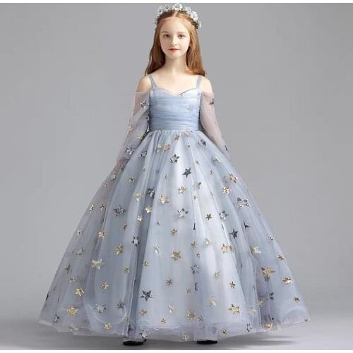 Spring Summer New Children Girls Gorgeous Birthday Evening Party Princess Fluffy Dress Kids Model Show Host Piano Costumes Dress