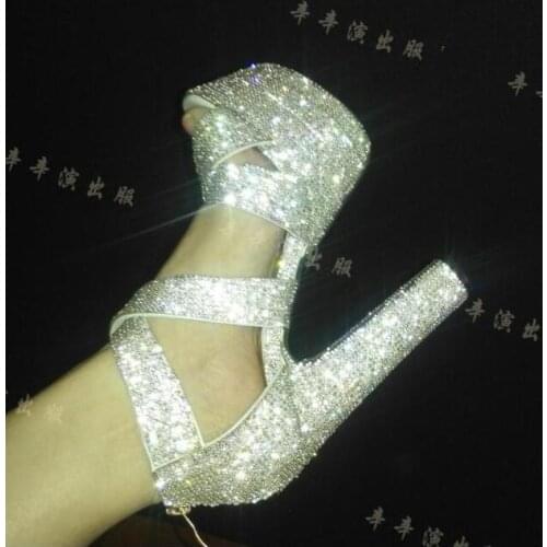 Nightclub Stage perform shoes Shiny Rhinestone Sandals 14cm DJ High heels shoes