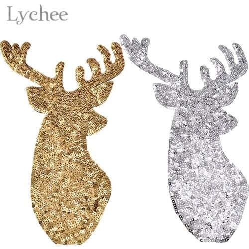 Lychee 1pcs Elk Sequin Patches Animal Design Iron on Appliques DIY Sewing Material Supplies for Coat Jacket Jeans