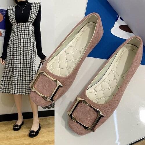 Large Size Womens Shoes 2021 New Womens Square Toe Metal Square Buckle Peas Shoes Fashion Flat Womens Single Shoes