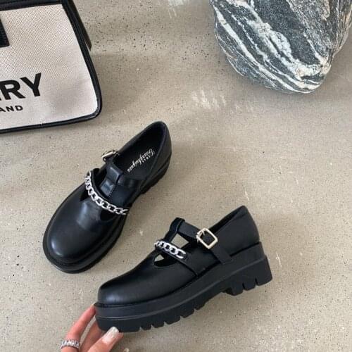 Wedges Mary Jane Shoes Women Metal Chain Round Toe Pump Buckle Platform Slides Heighten Shoes Leather Loafers Sandalias Mujer