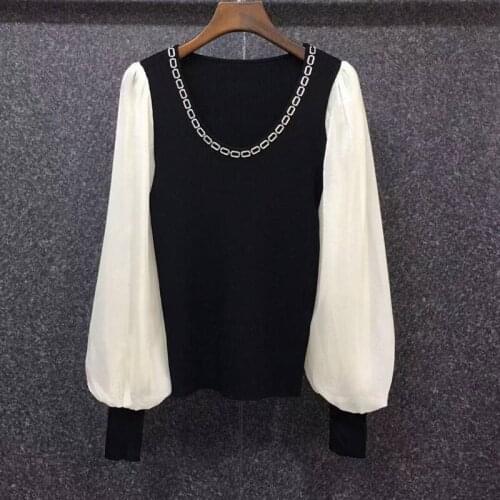 Sweaters & Pullovers 2021 Autumn Winter Fashion Top High Quality Women Crystal Beading Deco Lantern Sleeve Casual Black Jumper