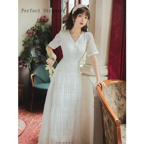 High Quality Vintage 2021 Summer New Arrival Best-selling V Collar Collect Waist Short Sleeve Women Long Dress White