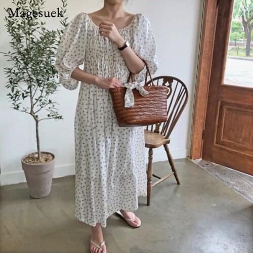 Flowers Slash Neck Puff Sleeve Cotton Dress Casual Elegant High Waist Long White Dress Chic Summer Women Dress Vestido 14224