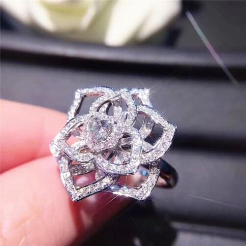 S925 Sterling Silver Color Flower CZ Zircon Bling Stone Rings for Women Fashion Wedding Engagement Jewelry Party Gift 2019