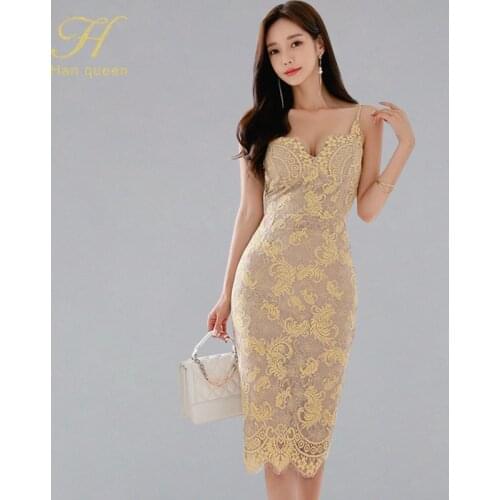 H Han Queen Halter Strapless 2019 Summer OL Lace Pencil Dress New Fashion Sexy V Collar Sleeveless Vintage Club Party Dresses