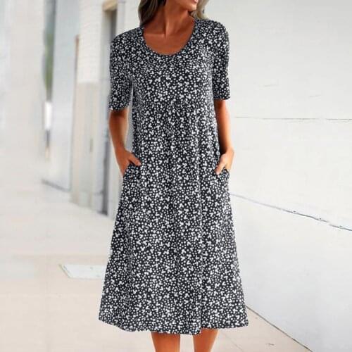 Women Floral Print O-neck Dress Short Sleeve A-Line Mid-Calf Bohemian Dresses For Woman Summer Dress Women Casual Dress 2021