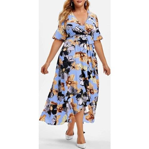 Summer Floral Printed Bohemian Holiday Style Large Size Women Dress V-neck Wide Loose Plus Size 5XL -40