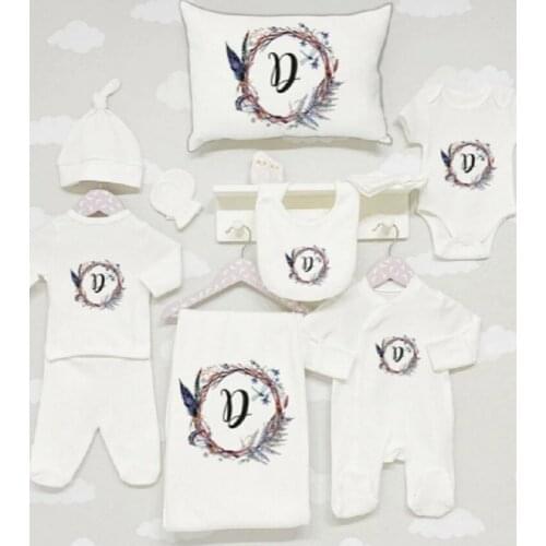 11 PIECES REQUESTED SINGLE LETTER PRINTED - NEWBORN SET - HOSPITAL OUTFIT - ORGANIC COTTON - UNISEX