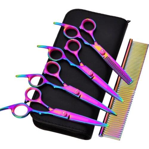 6.0 inch 4CR 45HRC Professional pet scissors for cat dog grooming High Quality Straight Thinning & Curved Scissors 5pcs set