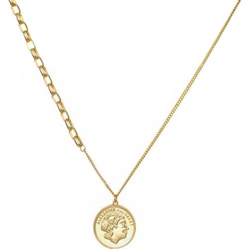 Jaeeyin 2020 18KG Gold Stainless Steel Portrait Coin Pendant Necklace for Women Double Sided Asymmetric Clavicle Chain New