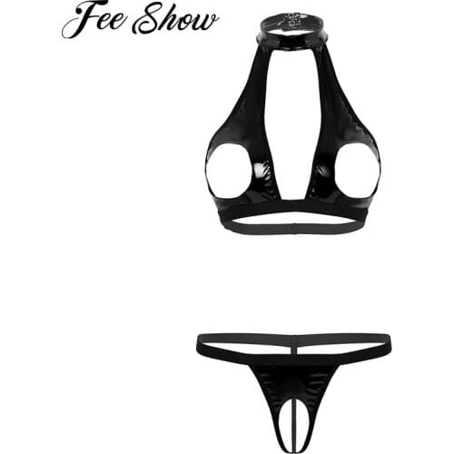 Women Sexy Lingerie Open Bra Wet Look Faux Leather Halter Neck Hollow Out Bust Bra Top with Crotchless G-string Thongs Underwear