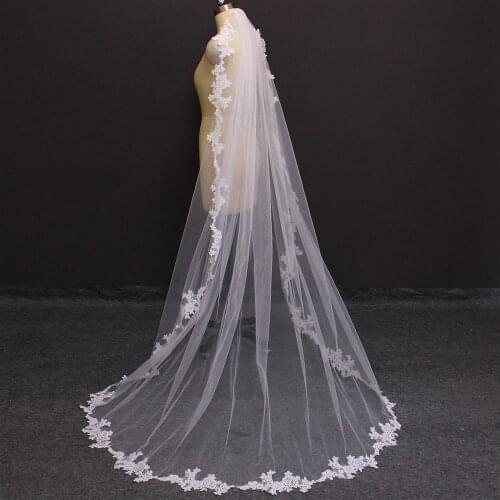 Lace Appliques 2 Meters Long Wedding Veil with Comb White Ivory 200CM Bridal Veil Voile Mariage