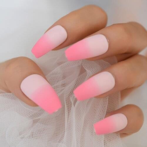 Matte Ombre Pink Press on False Nails Long Ballerina Coffin Popular Frosted Fake Fingersnails Extention Tool накладные ногти
