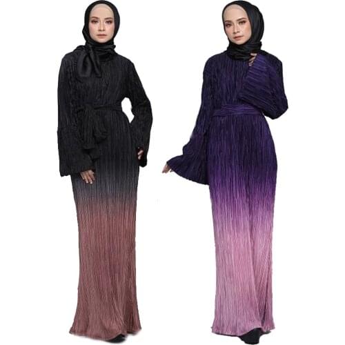 Fashion Pleated Muslim Dress Abaya Dubai Ramadan Islamic Clothing Caftan Marocain Saudi Arab Jilbab Gradient Color Maxi Robe New