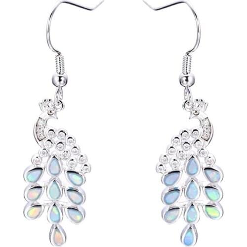 Fashion European Peacock Fire Opal Earrings women Long Drop Earrings Jewelry Wedding Party Accessories for Female