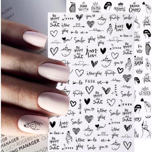 1 Sheet Love Heart Design 3D Nail Stickers Cool English Letter Self-adhesive Transfer Sliders Nails Accessories Manicures Foils