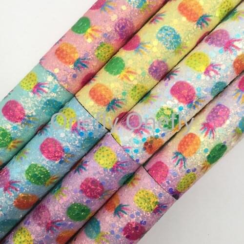 Onefly Wholesales Dropshipping Leather Supplier Rainbow Pineapple Glitter Faux Vinyl Leather Fabric Felt Backing DIY FZ060