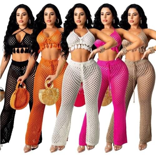 Sexy Solid Crochet Knitted Two Piece Set Deep V Neck Backless Halter Crop Top And Long Hollow Out Pants Holiday Beach Wear
