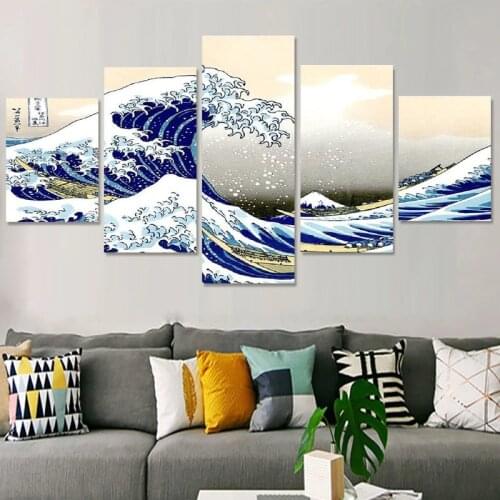 A Big Wave Off Kanagawa By Hokusai 5 Split Panel Canvas Painting Posters and Prints Classic Wall Art for Living Room Home Decor