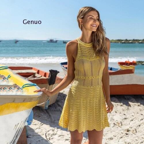 Beach Dress Women Swimsuit Cover Up Solid Embroidered Lace Crochet Bikini Beach Loose Swimwear Overall Mini Dress Sundress