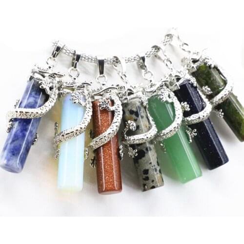 Charms Winding Dragon Natural Stone Pendant For Women Jewelry Making 15x49mm Sandstone Opal Dalmation Unakite Diy Findings B3303