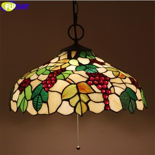 FUMAT Tiffany Red Grape Cherry Green Leaf Pendant Lamp Multi Color Stained Glass Hanging Light Fixture 16" Handicaft Home Decor