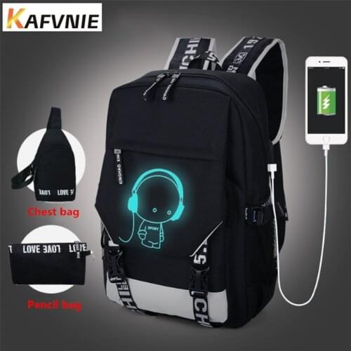 3PCS/SET Mens Charging Backpack Chest bag Luminous Students Boy girl School Bags External USB Charge Backpacks Teenagers Casual