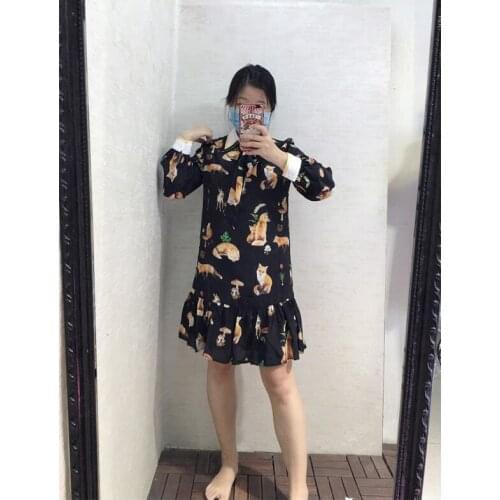 Fox print silk print long sleeve dress