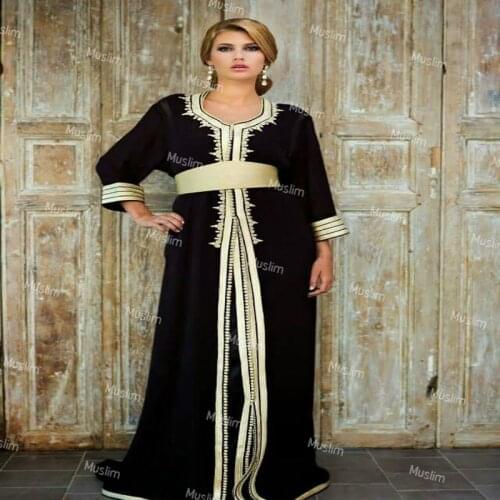 Traditional Black And Gold Kaftan Evening Dresses Elegant Long Sleeve Floor Length Arabic Prom Dress 2021 Algerian Foraml Dress