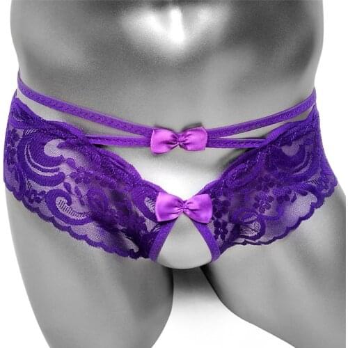 Open Crotch Lace Transparent Thong Pantie for Sissy Men G String Underwear Fashion With Bow Sexy Lingerie Fetish for Gay Male