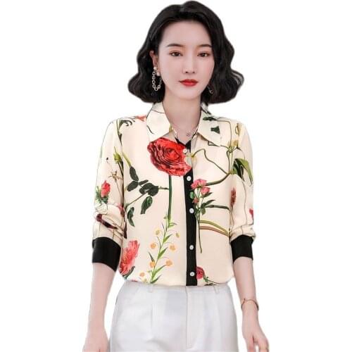 2021 Womens Runway Silk Shirt Long Sleeve Autumn Satin Print Button Up Blouse Slim High-End Office Lady Fashion Floral Tops