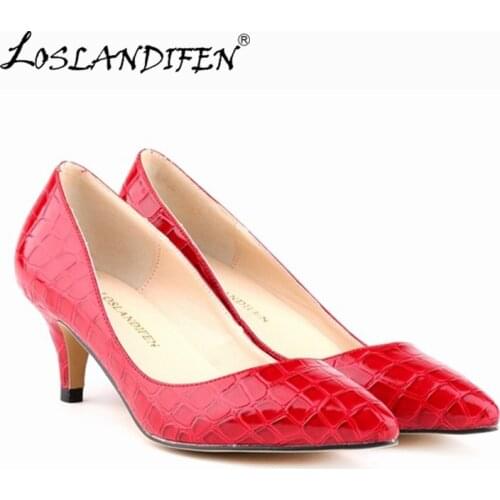 LOSLANDIFEN Woman Pumps Faux Crocodile Shoes Women High Heels Point Toe Office Pattern Ladies