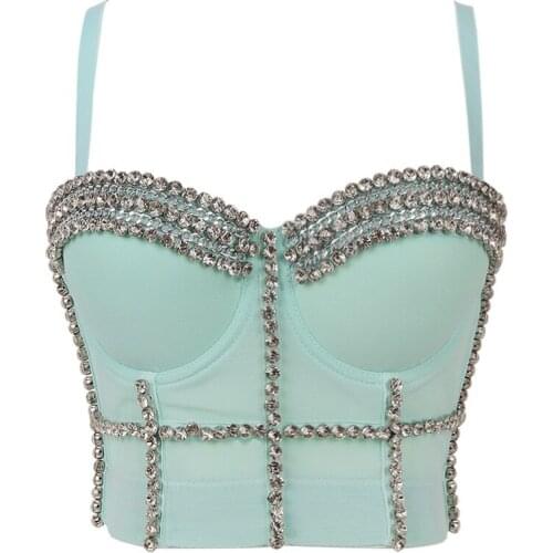 Fashion Spaghetti Strap Black Green Red Waistcoat Tops Heavy diamons Backless Crop Top Nightclub High Waist Bodycon Female Bras