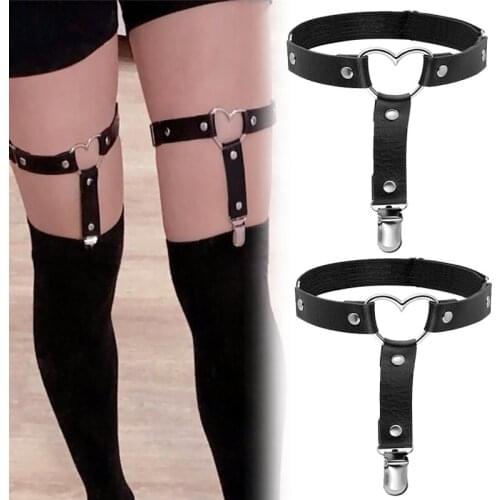 Women Punk Heart Sexy PU Leather Garter Belt Harajuku Elasticity Body Harness Tight Suspender Strap Leg Harness Bondage Belts