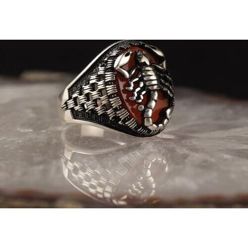 925 Sterling Silver Turkish handmade jewelry red zircon scorpion mens ring